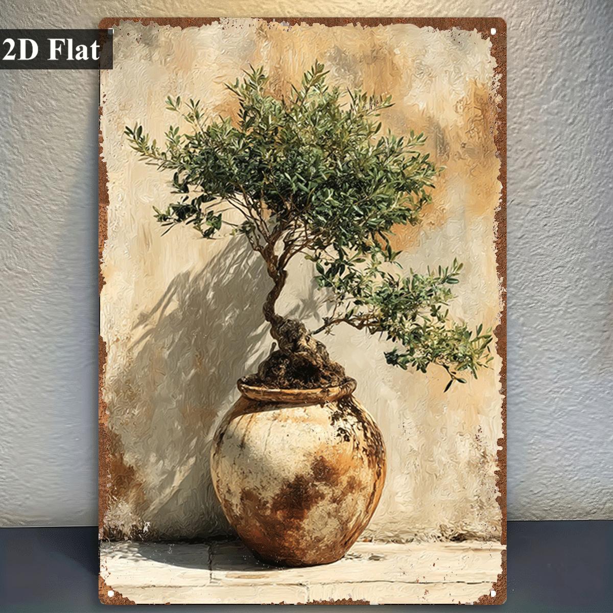Bonsai Garden Wall - ป้ายโลหะวินเทจลายต้นมะกอกบอนไซในกระถาง ภาพพิมพ์สีน้ำมัน ตกแต่งผนัง สำหรับฟาร์ม ระเบียง สวน