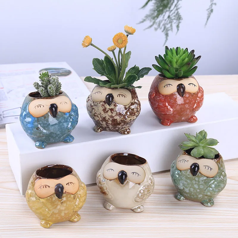Bonsai Garden Wall - กระถางเซรามิกรูปนกฮูกขนาดเล็ก น่ารัก สไตล์การ์ตูน สำหรับปลูกแคคตัส บอนไซ ดอกไม้